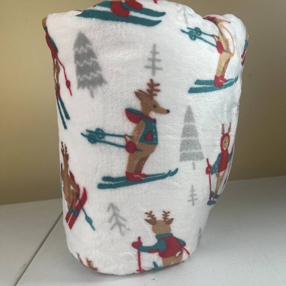 The Big One Plush Throw Blanket Ski Deer Print Super Soft 60x72 Holiday Red